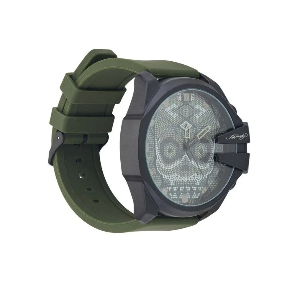 MENS ED HARDY GREEN SKULL FACE/BLACK SILICONE BAND WATCH 53mm